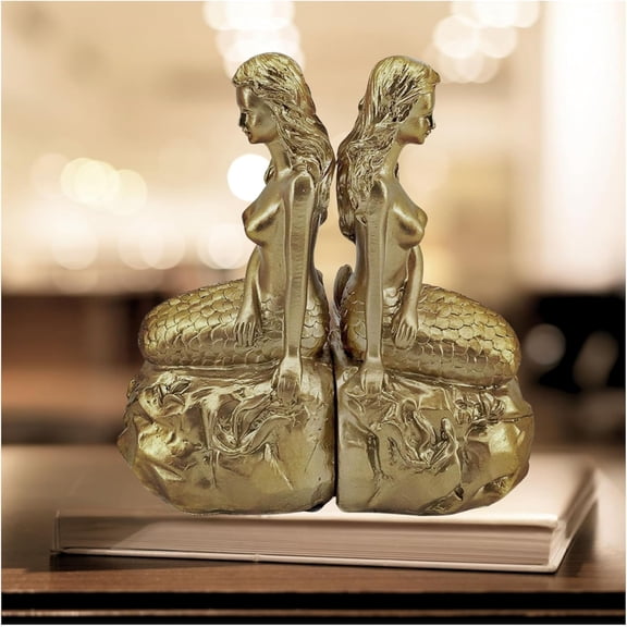 23460 Mermaid Bookends Vintage Decorative Book Ends Stopper Library Shelves Ariel Greek Mythology Fairytales Legends Fantasy Statues Queen Beauty Pageant Trophy Awards Golden 7 Inch