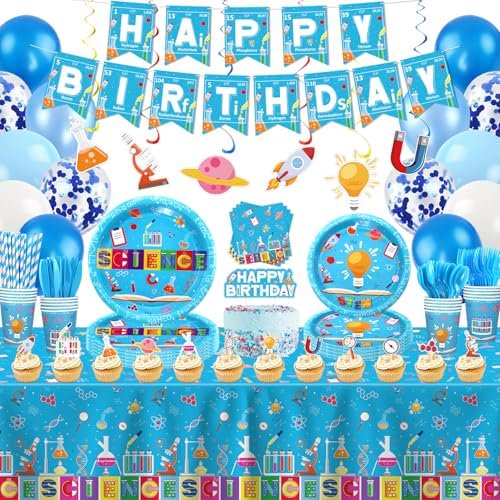 236 Pcs Mad Scientist Science Party Supplies, Paper Dinnerware, Theme Favors for 20 Guests, Science Lab Birthday/Baby Shower Decor.