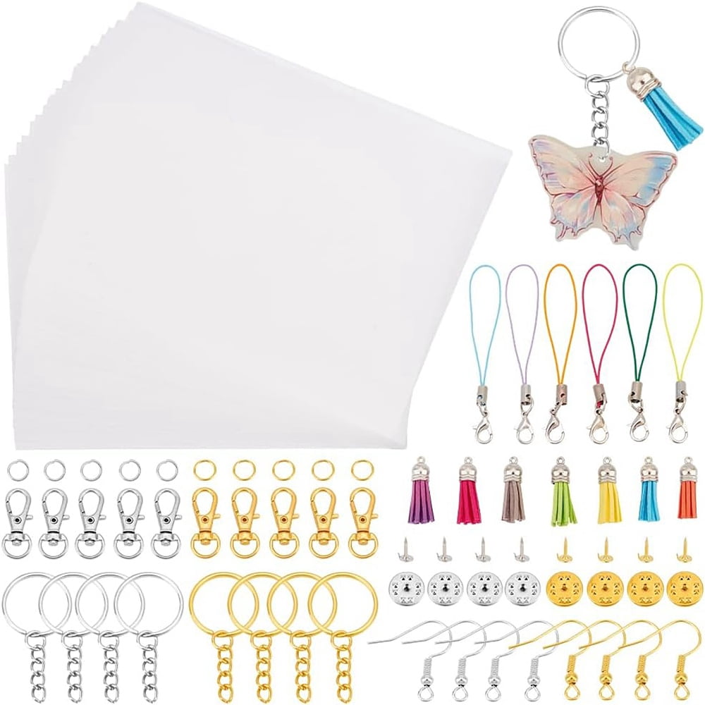 236 Pcs Shrink Plastic Sheet Kit Include 20 Sheets Shrink Papers Earring Hooks Split Key Rings 7 Colors Tassel Pendant Earrings Keychain
