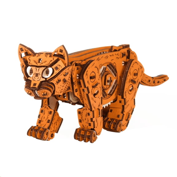 236PCS Wooden Mechanical Cat Model Kit, 3D Puzzle Assembly Set With Wind Up Walking Motion For Hobbyists-Orange