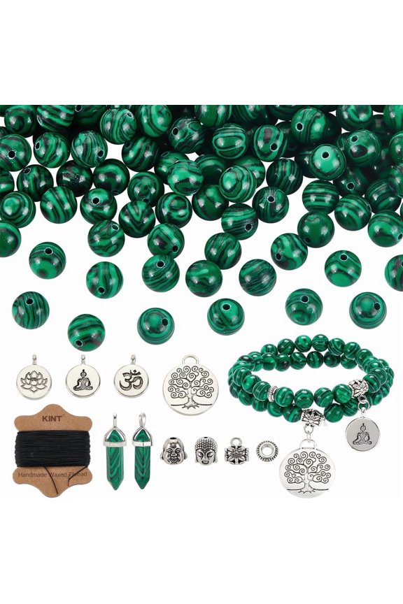236Pcs 8mm Malachite Bead Bracelet Making Kit - Beads Kit for Jewelry Making - Malachite Pointed Pendants with Lotus & Head Pendants - Jewelry Making Kits Mixed Color