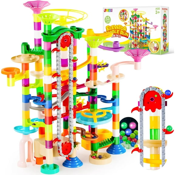 236Pcs Glowing Marble Run with Motorized Elevator- Construction Building Blocks Toys with 30 Glow in The Dark Plastic Marbles, STEM Gifts for Boys and Girls