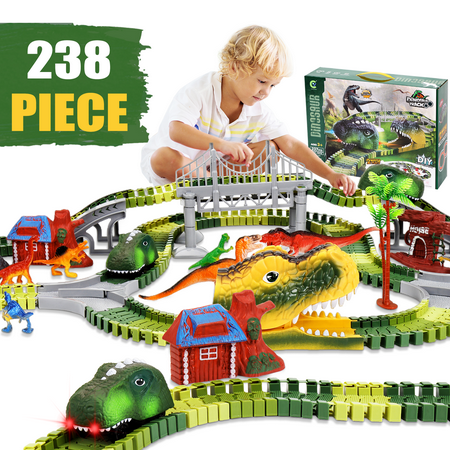 237PCS+1 Race Car Track Set, Dinosaur Toys with 2 Race Car for Boys Girls, STEM Vehicle Playsets Gift with Light Up Racing Cars Gift for Kids Toddler Ages 3 4 5 6 7 8, Best Gift