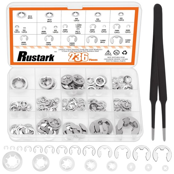 237Pcs 304 Stainless Steel M2-M12 Internal Tooth Star Lock Washers and 12 Sizes E-Clips External Retaining Rings Assortment Kit for Machinery Automotive Shafts Bearings Axial