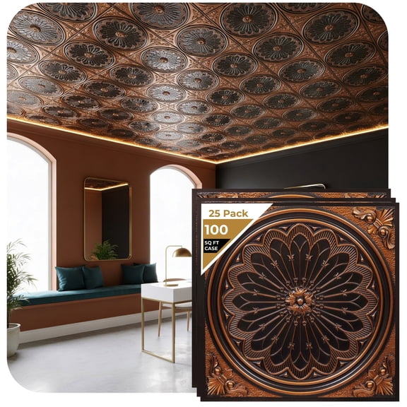 238 - Rose Window 2 ft. x 2 ft. PVC Glue-up or Lay-in Ceiling Tile in Antique Copper (100 sq.ft / Pack) - 25 Pieces