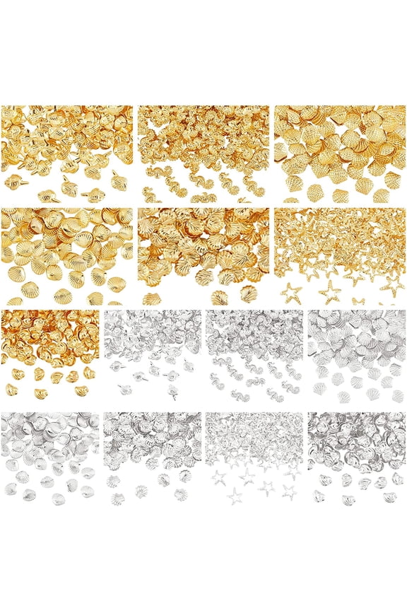 2380pcs 7 Style Ocean Theme Resin Fillers Mini Seashells Nail Art Charms Small Seashell Resin Accessories Gold Alloy Resin Supplies Resin Filling Charms for Resin Jewelry Making Nail Arts