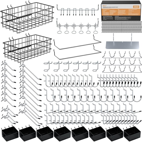 238PCS Pegboard Accessories Organizer Kit, Peg Board Hooks Assortment with Peg Bins, Baskets, Paper Towel Holder for 1/8 and 1/4 inch Pegboard Hanging Tools, Garage Wall Storage Attachments
