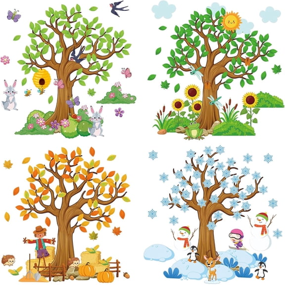 239 Pcs Season Tree Classroom Bulletin Board Decor Spring Summer Autumn Winter Cutouts Border Set Four Seasons Bulletin Board Decorations with 200 Dots for Elementary School Home Chalkboard