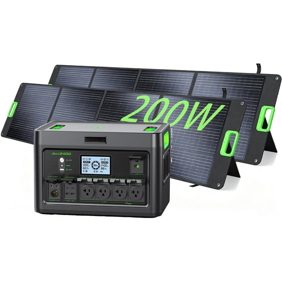 2390W Portable Power Station Kit with Two 200W Foldable Solar Panels, Pure Sine Wave AC, 60W PD Fast Charge for RV Camping Off-Grid