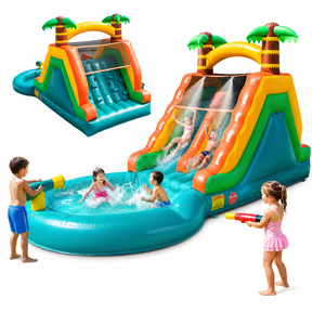 STICCIO 23ft Inflatable Water Slide with Blower, Double Lane Climbing Wall Water Cannon Deep Splash Pool, for Kids & Adults, Palm Tree Green