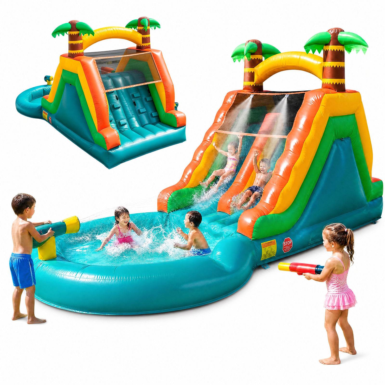 STICCIO 23ft Inflatable Water Slide with Blower, Double Lane Climbing Wall Water Cannon Deep Splash Pool, for Kids & Adults, Palm Tree Green