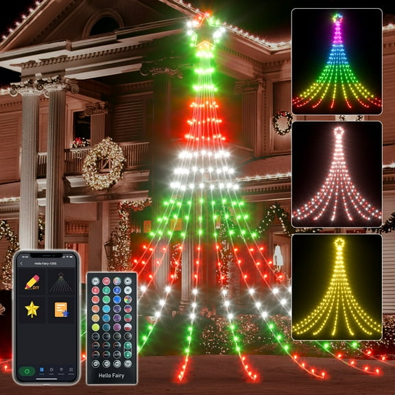 23FT Outdoor Smart Christmas Star Waterfall Lights 355 LED RGB Color Changing String Lights with App Control Music Sync Timer Perfect for Xmas Weddings and Holiday Decor
