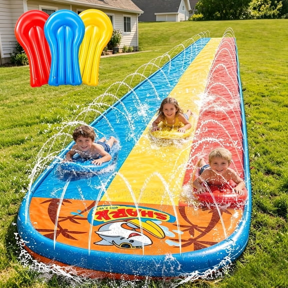 23FT Triple Water Slide with 3 Inflatable Bodyboards, Lawn Slip Splash Slide with Built-in Sprinkler, Backyard Outdoor Summer Water Toy for Kids and Adults