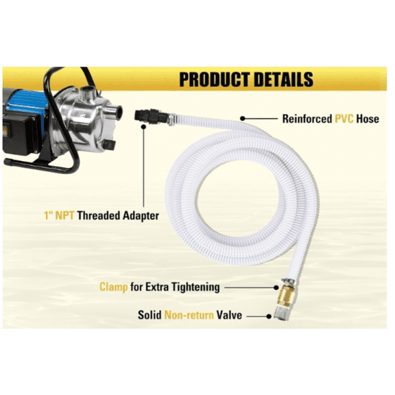 23FT x 1" Suction Hose Kit with Brass Fitting Check Valve and NPT 1" Thread, Water Intake Hose Set, Aspiration Hose for Well Shallow Sprinkler Garden Booster Pump, White