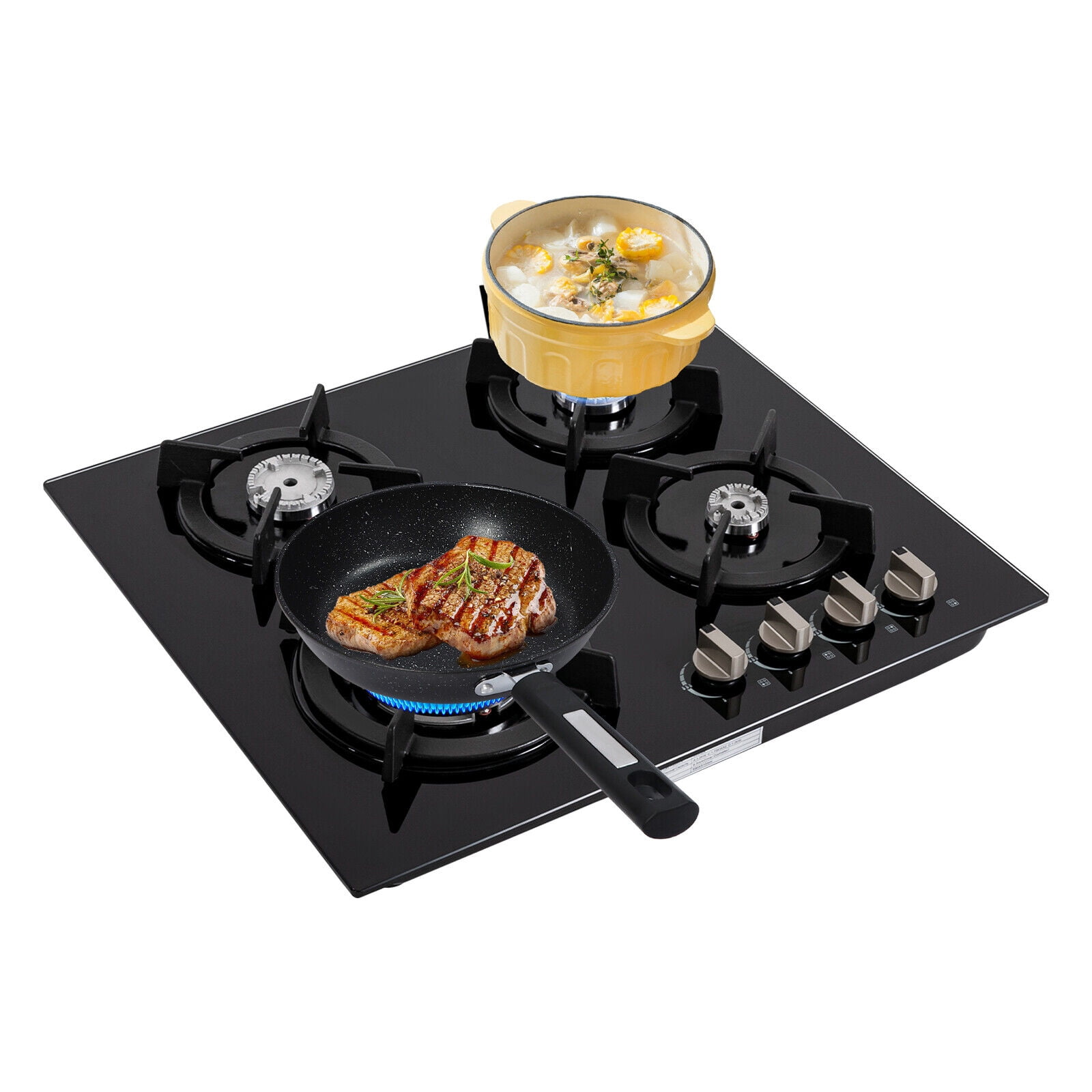 23Inch 4 Burner Built-In Lpg Gas Stovetop,Drop-In Gas Hob with Independent Control Knobs&Backfire Protection,Black Tempered GlassGas Cooktop