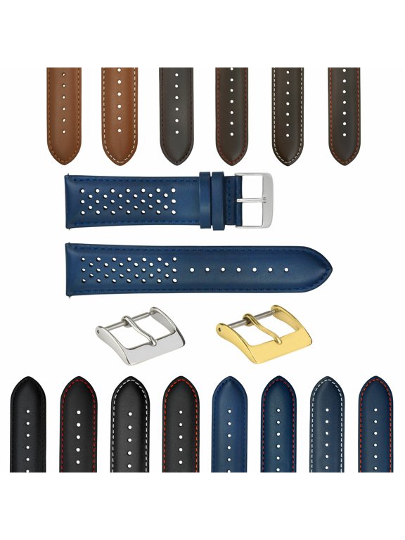 23mm PERFORATED LEATHER WATCH BAND STRAP, Blue, Gold Buckle, Regular, Compatible With CITIZEN EZ RELEAS