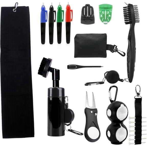 23P Golf Essentials Kit -Golf Green Fork, Golf Brush,Accessory Pack, Golf Towel, Golf Club Brush, Golf Ball Marker, Divot Repair Tool, Golf Ball & Golf Tee Holder,Golf Gifts for Men