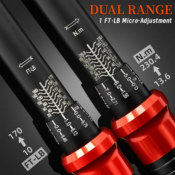 23PCS 1/2-Inch Drive Torque Wrench Set, 10-170FT.LB/13.6-230.5Nm, 1/2 Drive Click Torque Wrench, 72-Tooth Dual-Range, ±3% Precision Adjustable Torque Wrenches for Cart, Motorcycle, Lug Nut