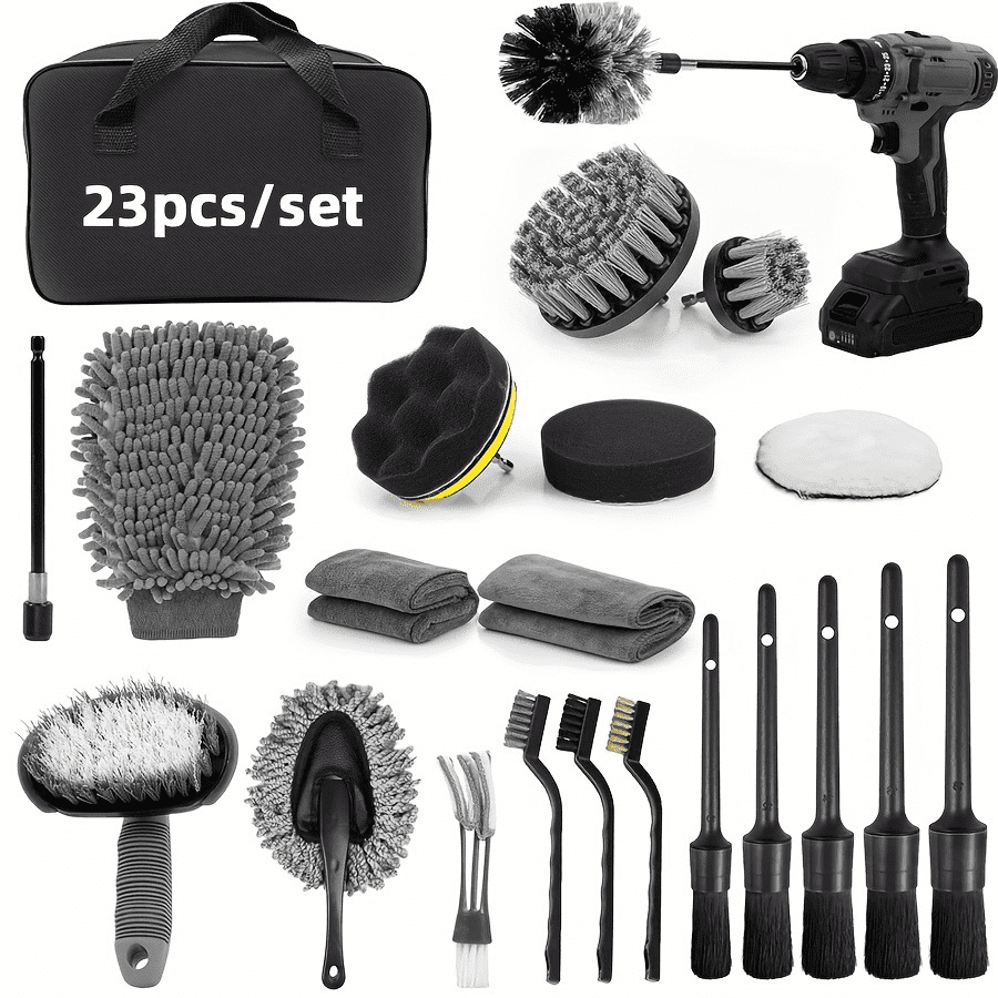 23PCS Car Detailing Kit, Car Cleaning Drill Brush Set with Extension Rod, Auto Detailing Supplies for Interior, Exterior, Wheels, Tires, Dashboard and Seats