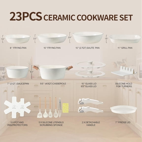 23PCS Ceramic Pots and Pans Set Nonstick Removable Handle Stackable Cookware for Easy Cooking