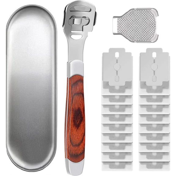 23PCS Foot Scraper Callus Shaver Stainless Steel Wood Handle Foot File Hard Skin Remover Blade Professional Pedicure Foot Rasp Kit for Feet Hand Foot Care Tools with 20 Replacement Blades