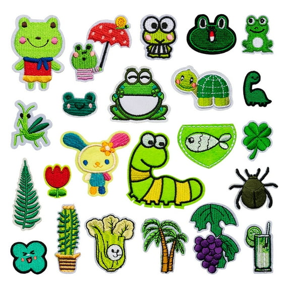 23PCS Green Cute Cartoon Iron On Patch Set – Frog, Leaf, Animal & Nature Embroidered Appliques for DIY Clothes & Crafts