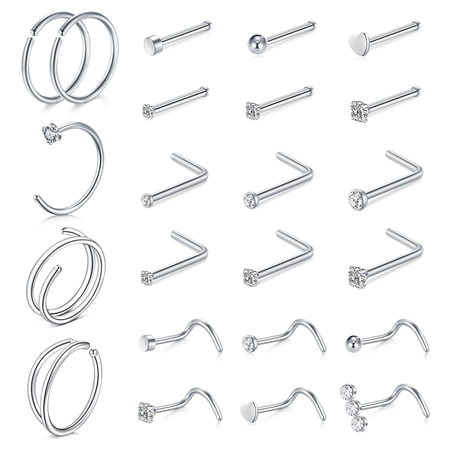 23PCS Nose Rings Piercings Jewelry Nose Rings Hoops L Shape Nose Studs Screw