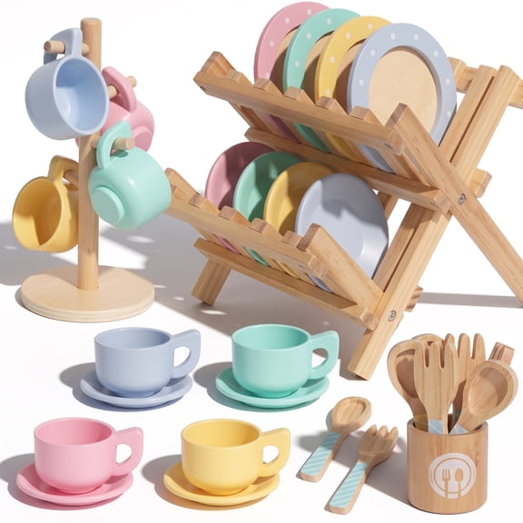 Wooden Toddler Play Kitchen Toys, Play Dishes Plates for Kids ,23Pcs Utensils Pretend Play Kitchen Accessories, Birthday Gift for Age 3+