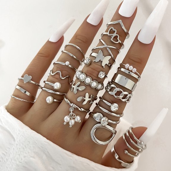 Womens Knuckle Rings Set 23 Pcs Trendy Ins Style Drop Shape Rings Cross Pearl Sun Moon Eye Gold Silver Alloy Female