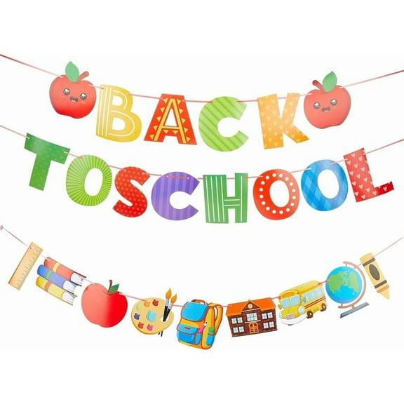 23Pcs Back to School Decorations School Bus Bag Books Pencil Welcome Party Wall Decal with Tape Needle for First Day of School Preschool Classroom Hanging Swirls Banner Decoration DIY