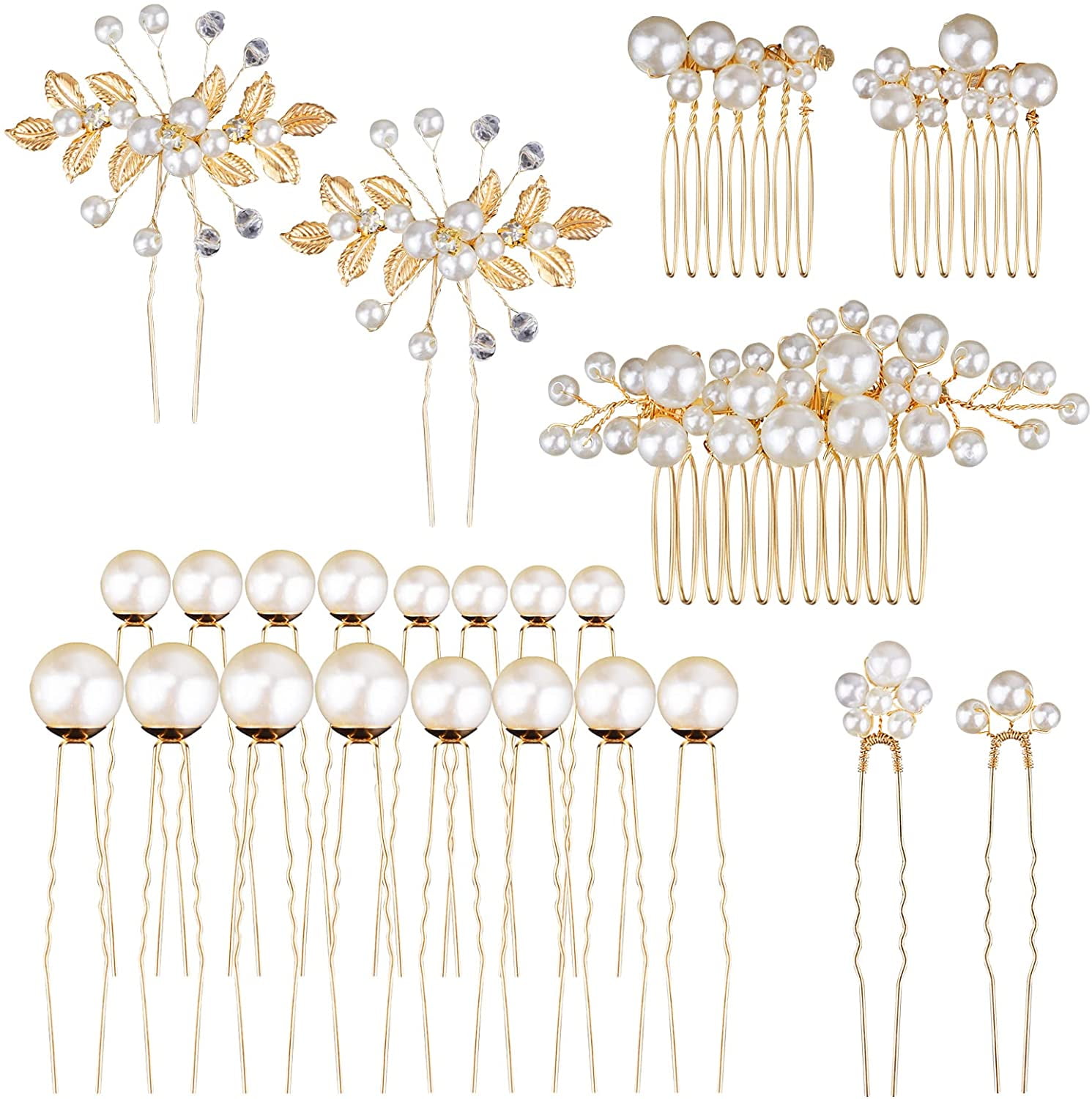 23Pcs Bridal Pearl Gold Hair Clips, STONCEL Wedding Flower Leaf Rhinestone Hair Pins, Bride Hair Combs Accessories U-shaped Hair Barrettes Headpieces for Bridesmaid Party Women Girl