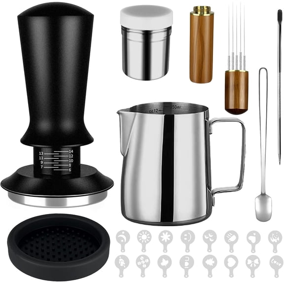 23Pcs Espresso Accessories, 51mm Coffee Tamper Kit, Machine Accessories Set, with Espress Stirrer | 350ml Milk Pitcher Powder Dispenser Latte Art Kit for