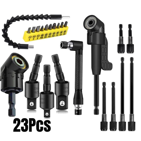 23Pcs Flexible Drill Bit Extension, Include 3Pcs Rotatable Socket Adapter 2Pcs Hex Shank 105 Right Angle Drill Attachment 10 Short Screwdriver Bits 90 Angled Bits and Bendable Extension