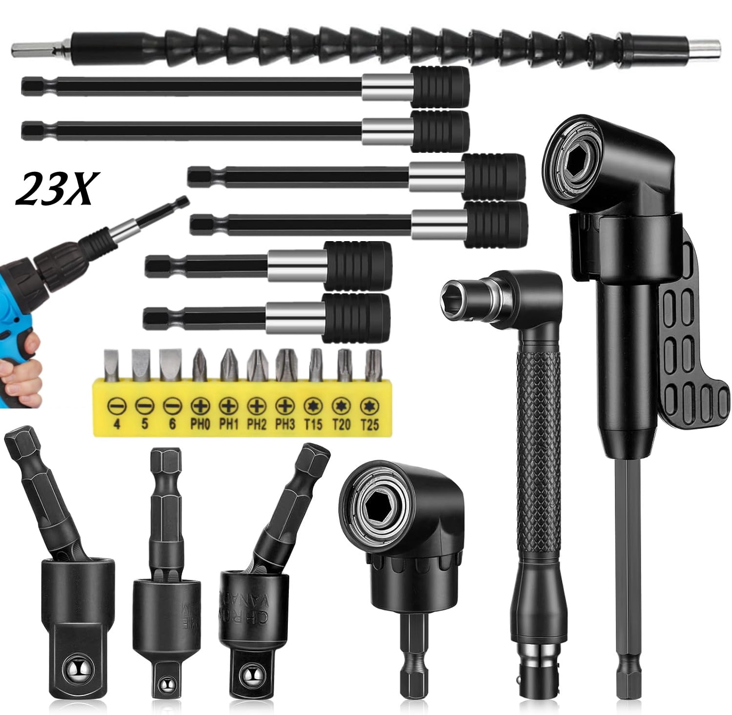 23Pcs Flexible Drill Bit Extension Set 2pc 105° Right Angle Drill Bit Attachment,3pc 1/4, 3/8, 1/2" Hex Adapter Socket,6pc Drill Bit Holder, 10 Short Screwdriver Bits