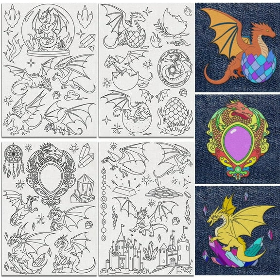 23Pcs Flying Dragon Water Soluble Hand Sewing Stabilizers 8.3"x11.7" Dragon Egg Castle Embroidery Pattern Stabilizer 4 Sheets Fantasy Stick and Stitch Embroidery Paper Sticker