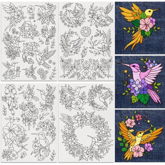 23Pcs Hummingbird and Flower Embroidery Pattern Stabilizer 8.3"x11.7" Bird Soluble Stick and Stitch Embroidery Sticker 4 Sheets Floral Water Hand Sewing DIY Embroidery Paper