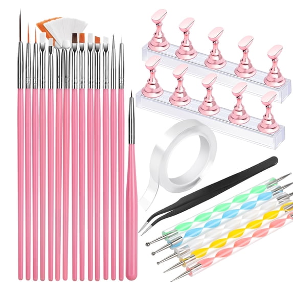 23Pcs Manicure Pen Set Nail Stand Tweezers Double-Sided Nail Point Tool Nail Brush Kit for Nail Art Professional Nail Design Tools