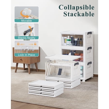23QT Stackable Storage Bins with Lids - Folding Storage Box with Doors and Wheels, Collapsible Plastic Storage Bins for Closets and Organization, 3 Pack Cubes