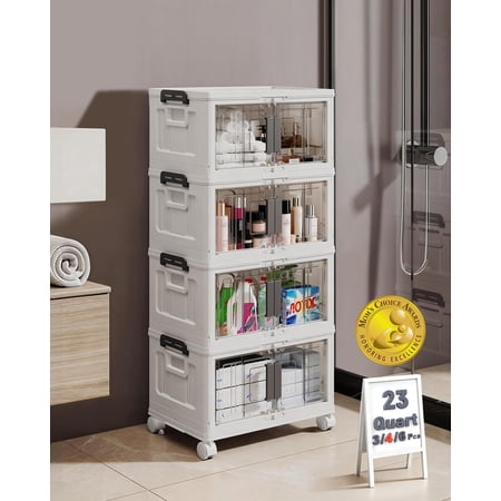 23QT Stackable Storage Bins with - Folding Storage Box with Doors and Wheels, Collapsible Storage Drawers for Closets, 4 Cubes
