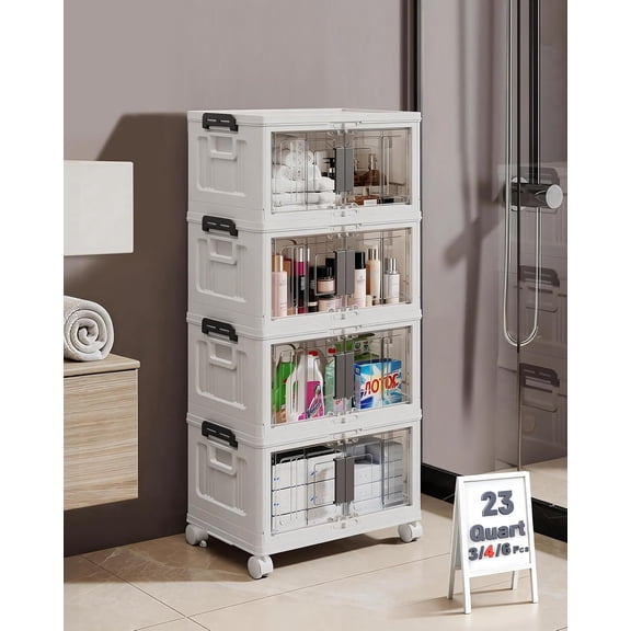 23QT Stackable Storage Bins with Lids - Folding Storage Box with Doors and Wheels, Collapsible Plastic Storage Drawers for Closets, 4 Pack Cubes