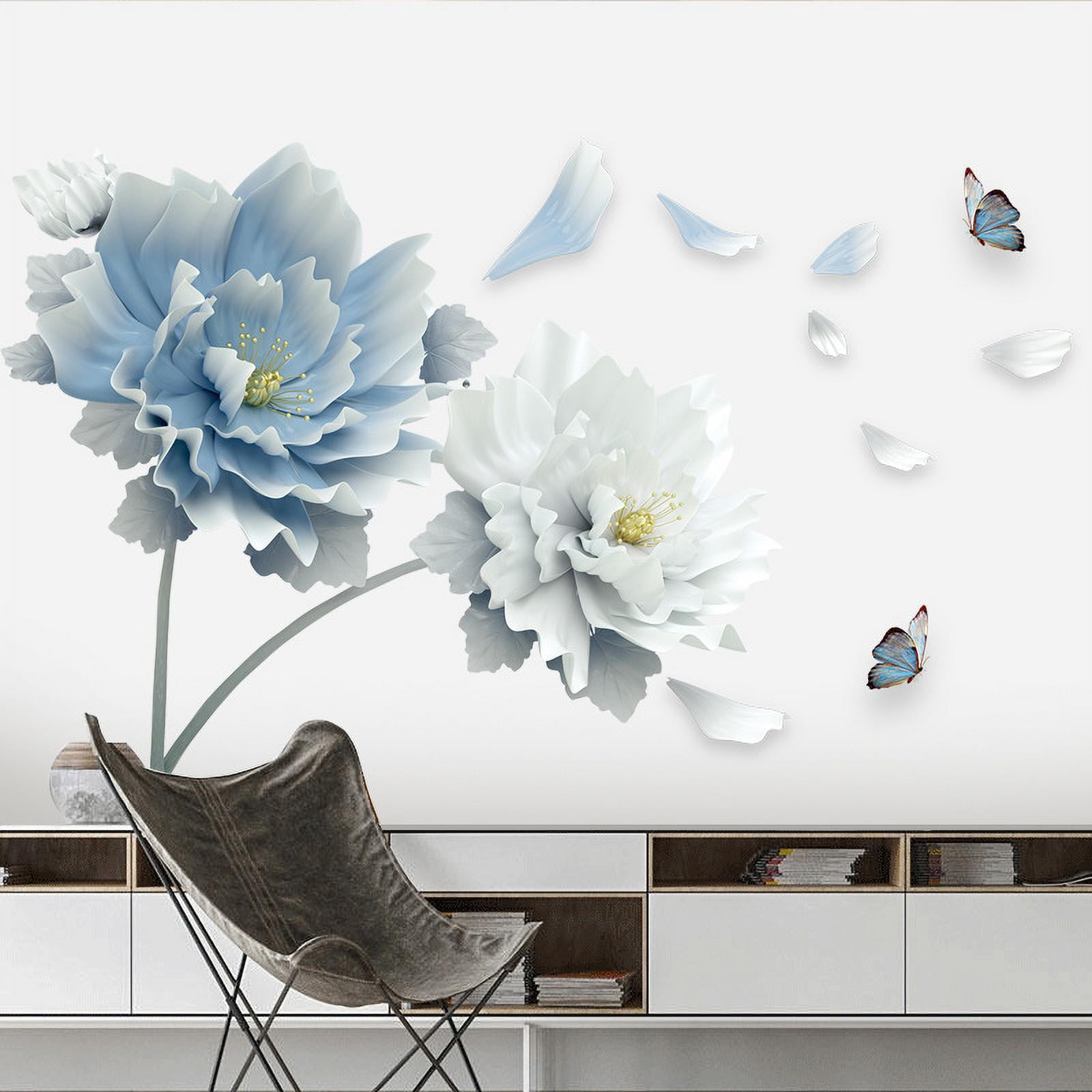 23X35In 3D Large White Blue Flower Lotus Butterfly Removable Wall Stickers Wall Art Decals Mural Art For Living Room Bedroom Home Decor