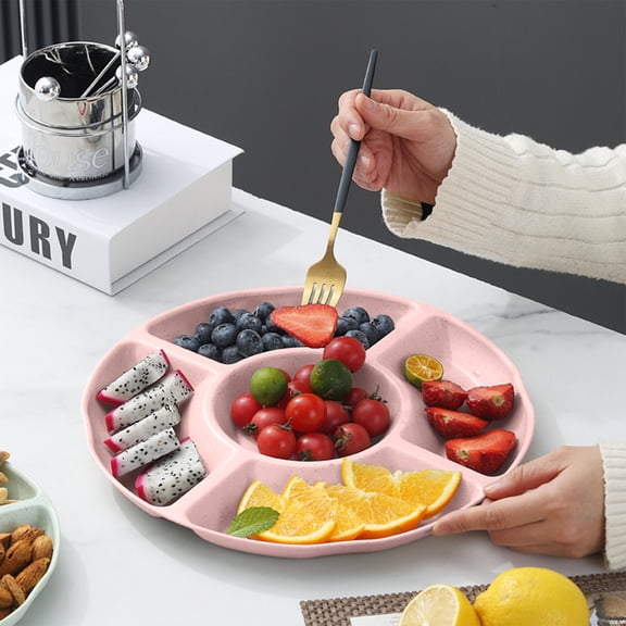 23cm Pink Wheat Straw 5 Compartment Candy Snack Tray with Divided Sections for Parties