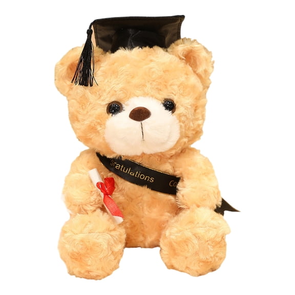 23cm Plush Bear with Graduation Hat Soft Stuffed Animal Figurine Ornament Cotton Filled Plush Decoration for Home