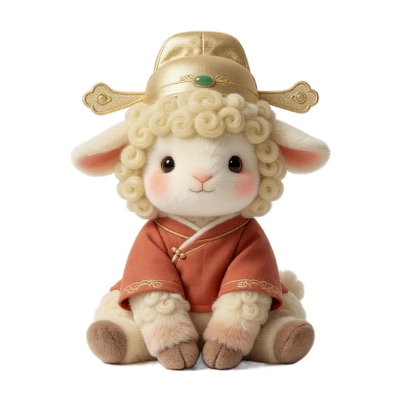 23cm Sitting Plush Lamb Toy Soft Stuffed Animal with Traditional Costume and Decorative Hat for Home or Office Display