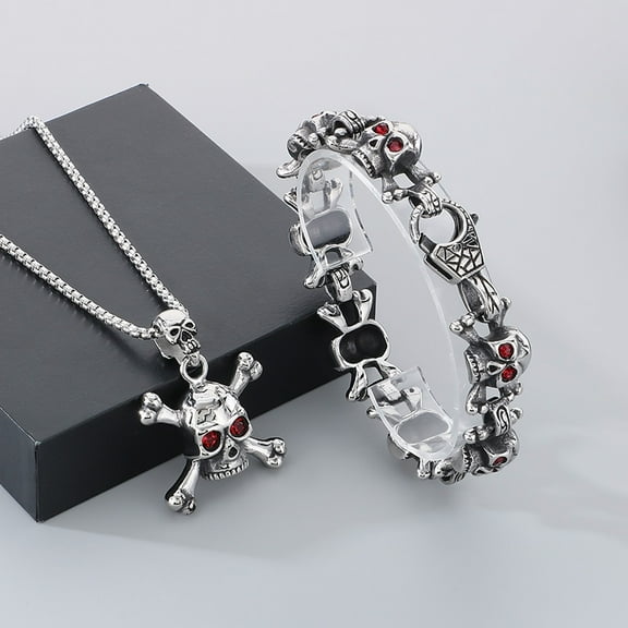 23cm Skull Bracelet For Men Red Rhinestone Eye Chain Charm Bangle Bracelet Skull 14K White Gold Pendant Necklace Sets Gothic Jewelry