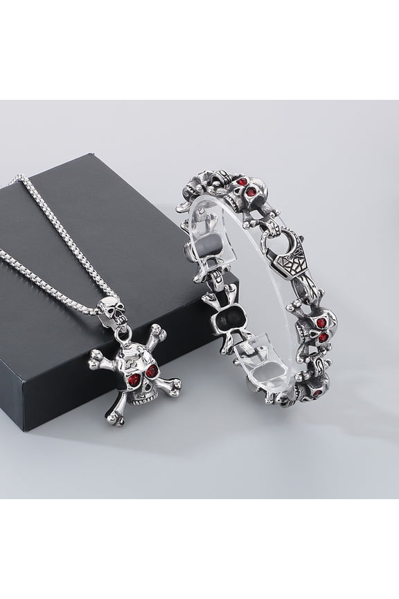 23cm Skull Bracelet For Men Red Rhinestone Eye Chain Charm Bangle Bracelet Skull 14K White Gold Pendant Necklace Sets Gothic Jewelry