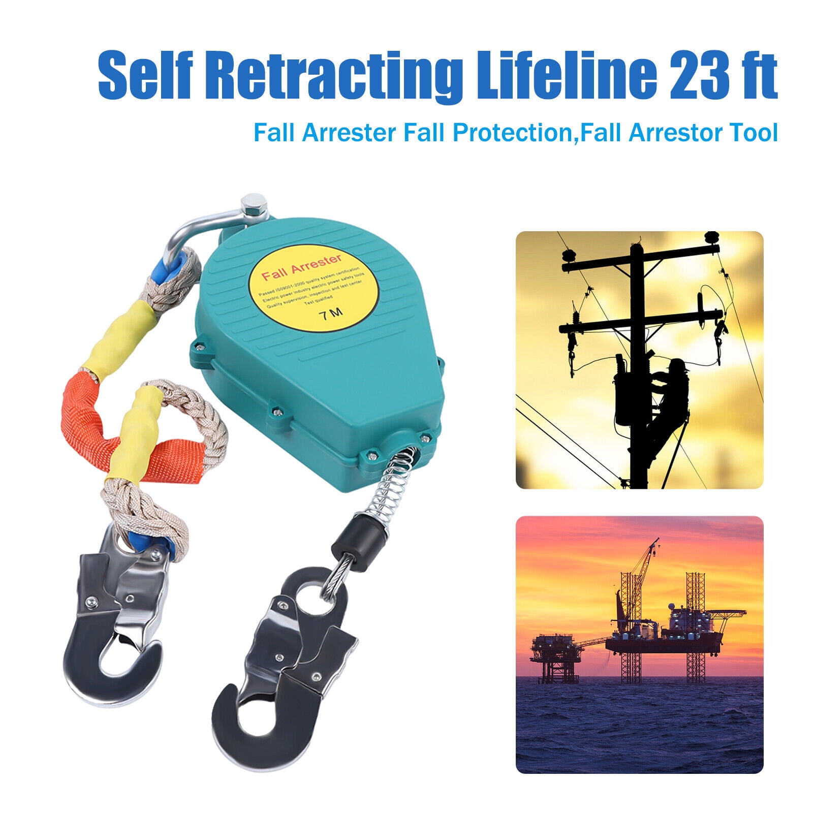 23ft Self Retracting Lifeline Fall Arrester Fall Protection Tool Alloy  Steel 330lbs with Hook Rope 