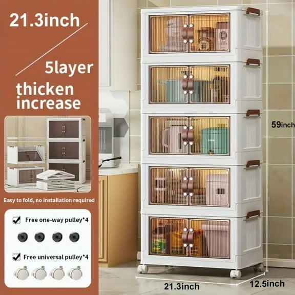 23in/5Tiers,Stackable Storage Bins with Lid, Extra Large Closet Organizer Collapsible Drawer Boxes with Wheels, Folding Plastic Cabinet Containers for Home Kitchen Room Organization, 5Pack White