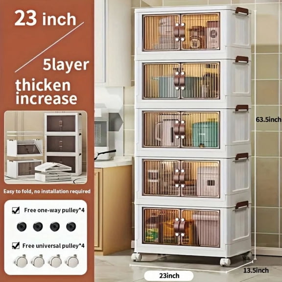 23in/5Tiers,Stackable Storage Bins with Lid, Extra Large Closet Organizer Collapsible Drawer Boxes with Wheels, Folding Plastic Cabinet Containers for Home Kitchen Room Organization, 5Pack White