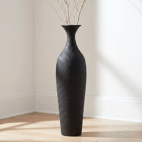 23in Black Metal Tall Floor Vase - Slender Rustic Farmhouse Decor for Pampas Grass, Living Room, Fireplac